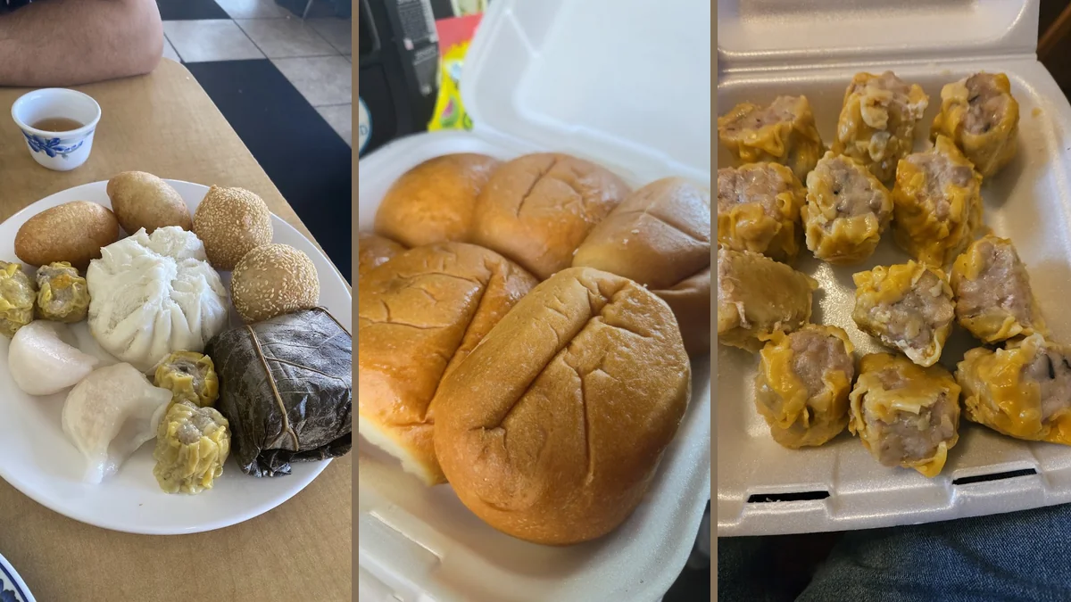 Counter service with trays of hot food.