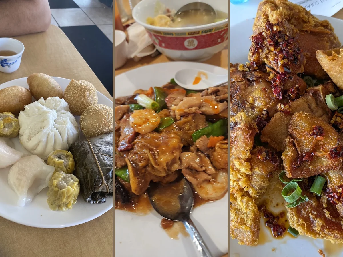 Chinese dishes served on simple white plates.