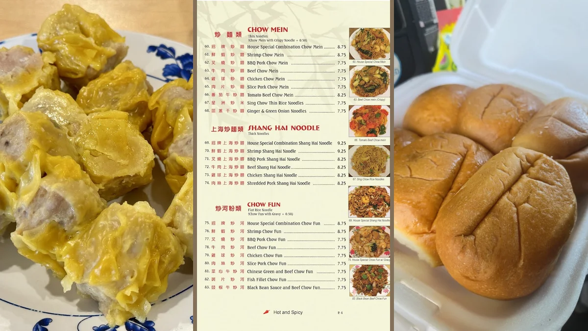 Counter service with trays of hot food.