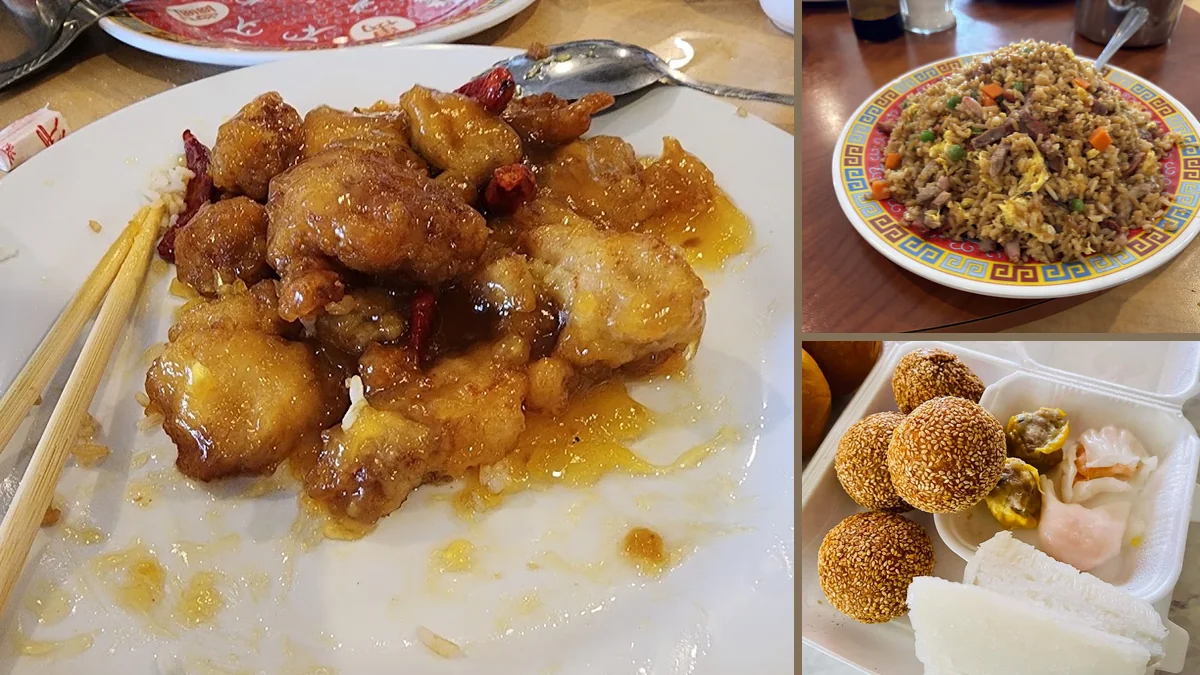 Chinese dishes served on simple white plates.